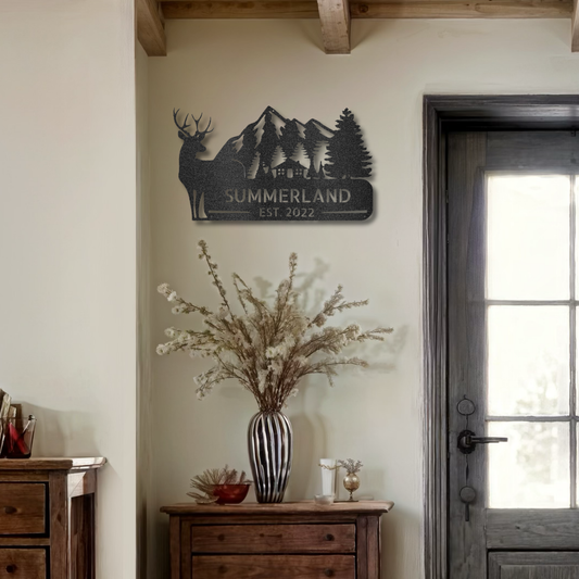 Personalized Wilderness Scene Country Cottage Monogram - Metal Wall Art - Custom Cabin and Mountain Design