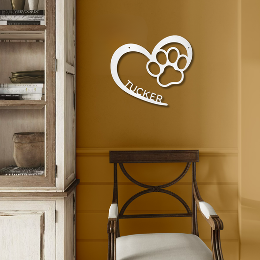 Personalized Pet Heart Laser Cut Metal Wall Art - Custom Name with Paw Print