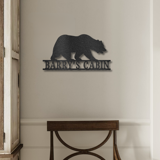 Nature Inspired Steel Name Sign with Bear Silhouette and Customizable Name