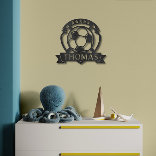 Personalized Soccer Ball Laser Cut Metal Wall Art with Custom Name Banner