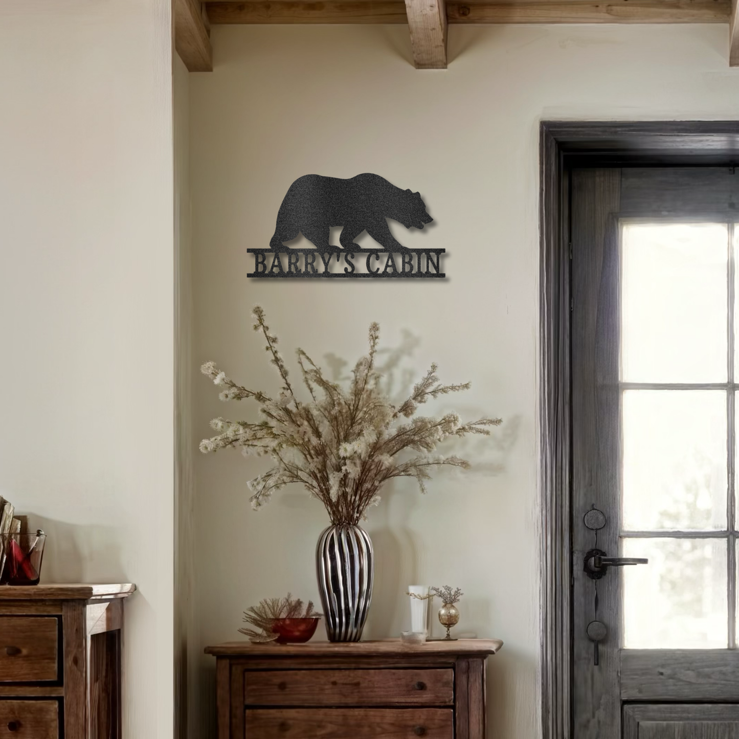 Nature Inspired Steel Name Sign with Bear Silhouette and Customizable Name