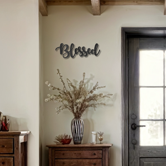 Blessed Metal Sign | Elegant Script Room Decor | Entryway Wall Art