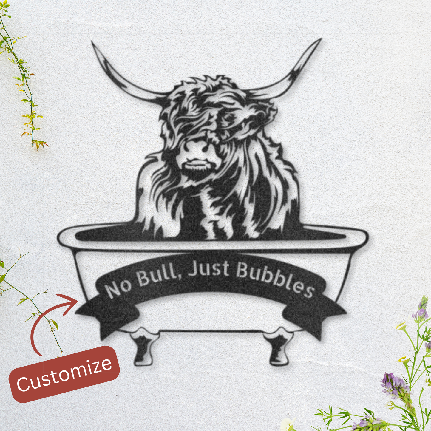 Highland Cow in Clawfoot Tub Metal Art – Customizable Farmhouse Decor