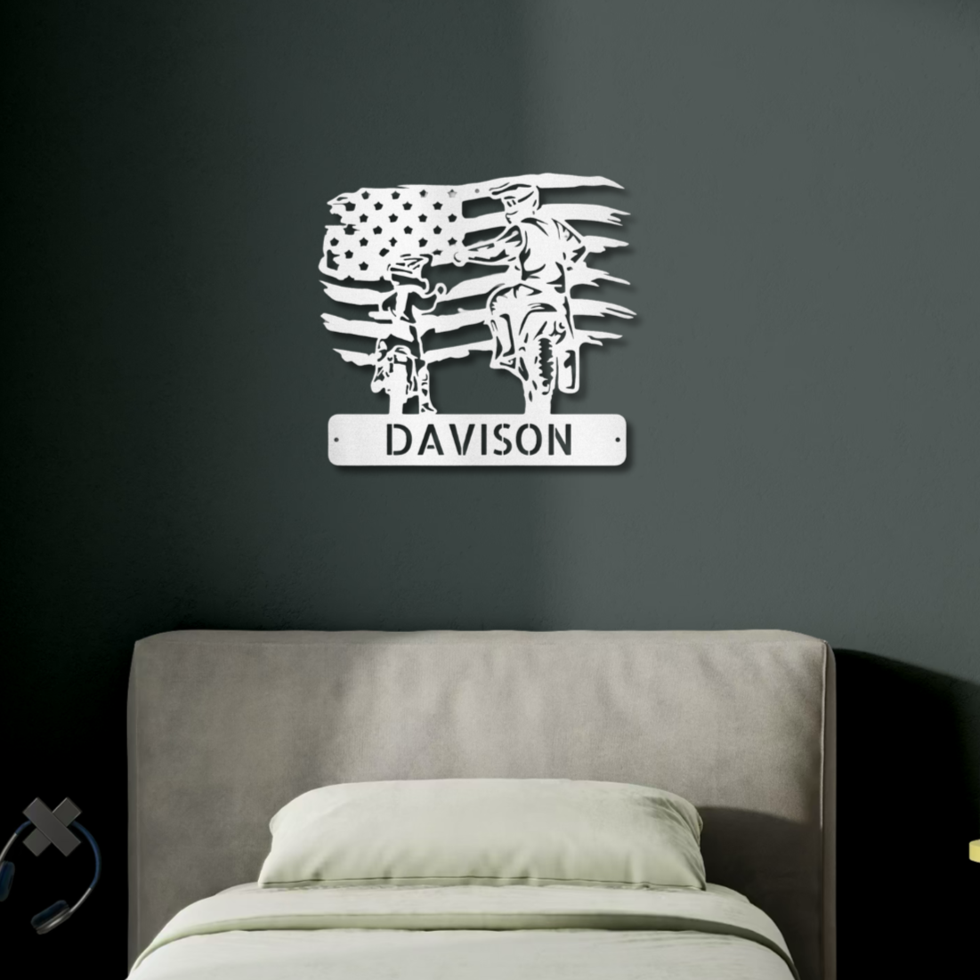 Personalized Father Child Motocross Metal Wall Art | Patriotic Custom Name Sports Decor