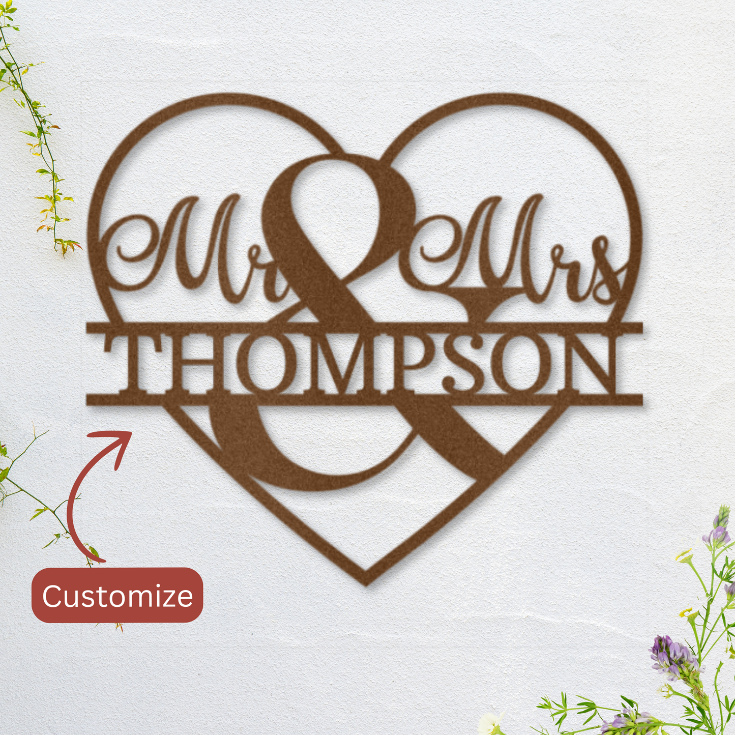 Personalized Heart-Shaped Mr. & Mrs. Metal Wall Art - Customizable Last Name