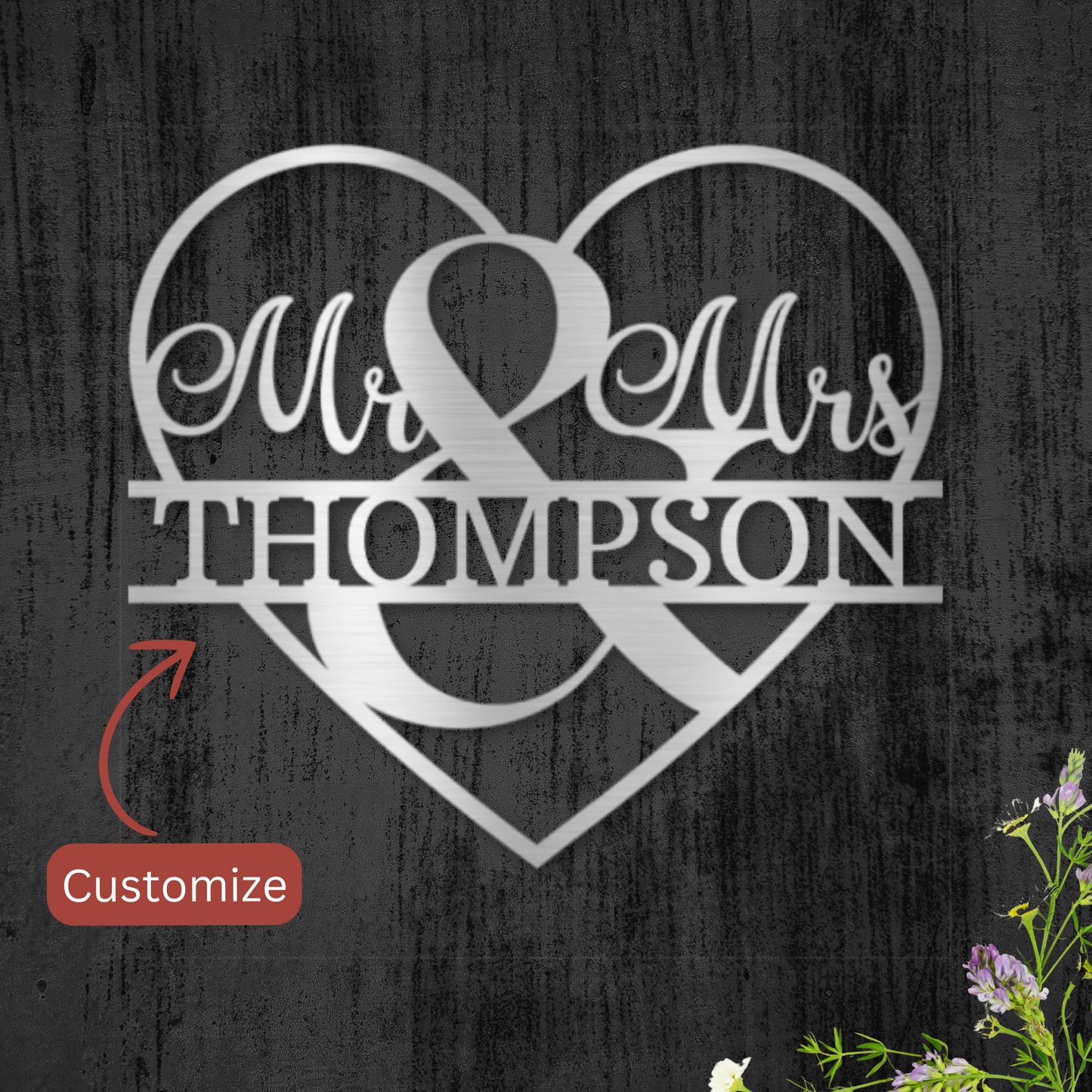 Personalized Heart-Shaped Mr. & Mrs. Metal Wall Art - Customizable Last Name