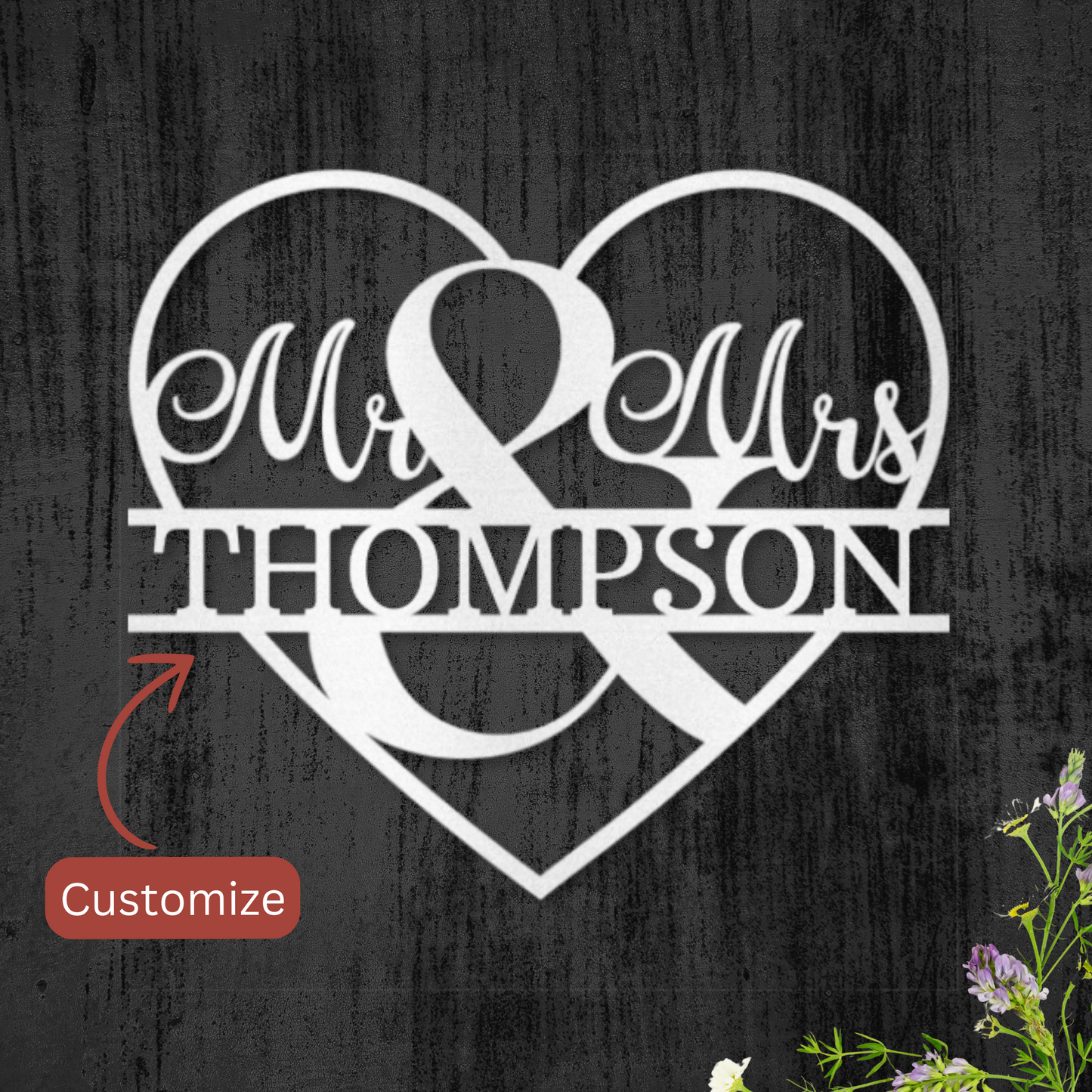 Personalized Heart-Shaped Mr. & Mrs. Metal Wall Art - Customizable Last Name