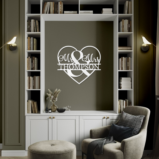 Personalized Heart-Shaped Mr. & Mrs. Metal Wall Art - Customizable Last Name