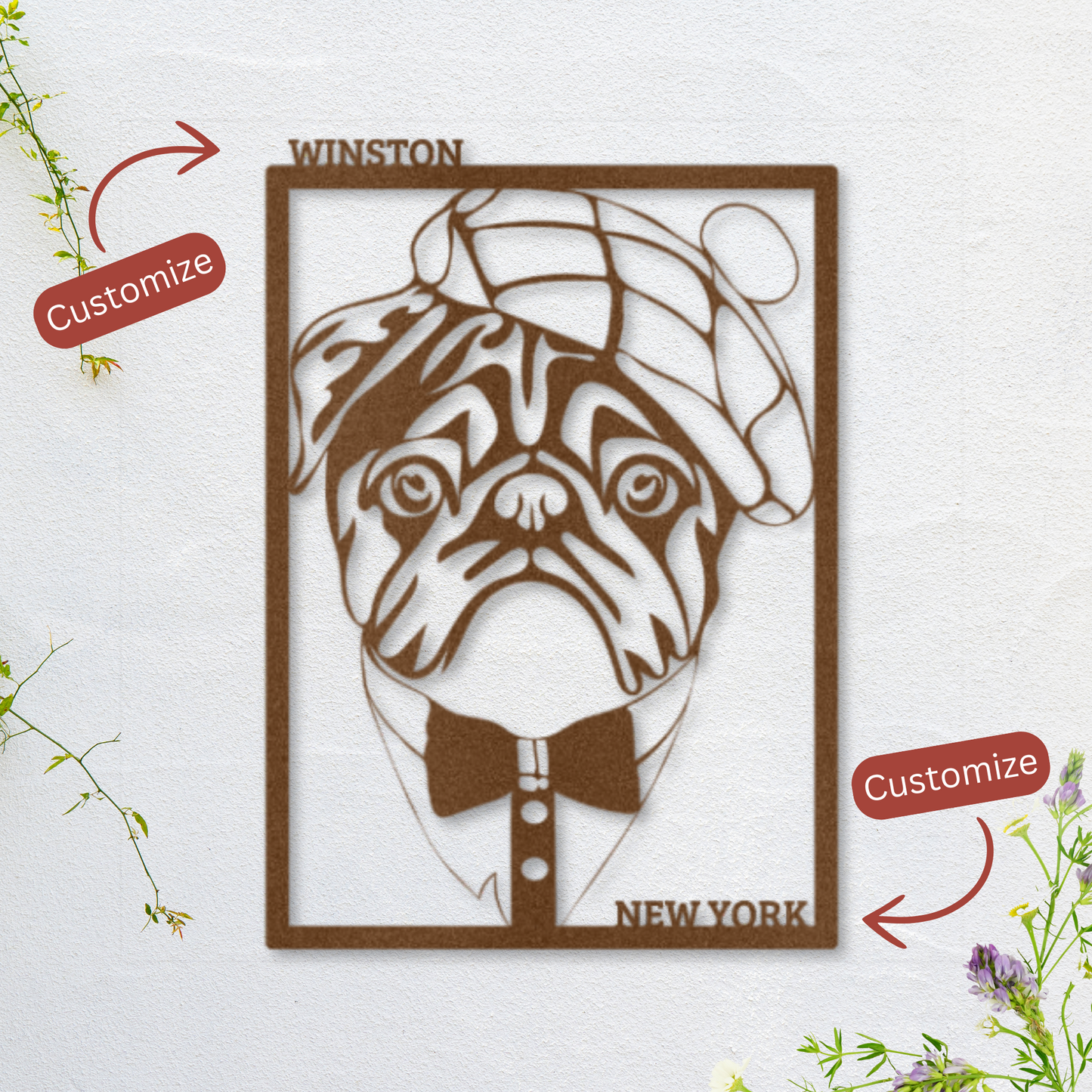 Introducing The Distinguished Pug Custom Metal Art Piece with Two Customizable Text Areas