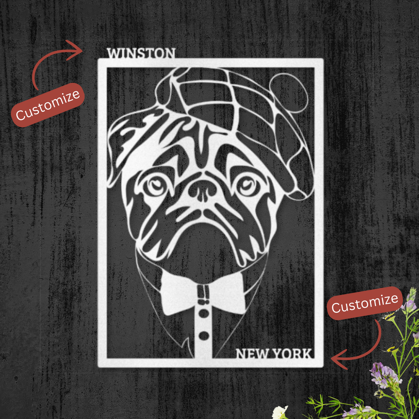 Introducing The Distinguished Pug Custom Metal Art Piece with Two Customizable Text Areas