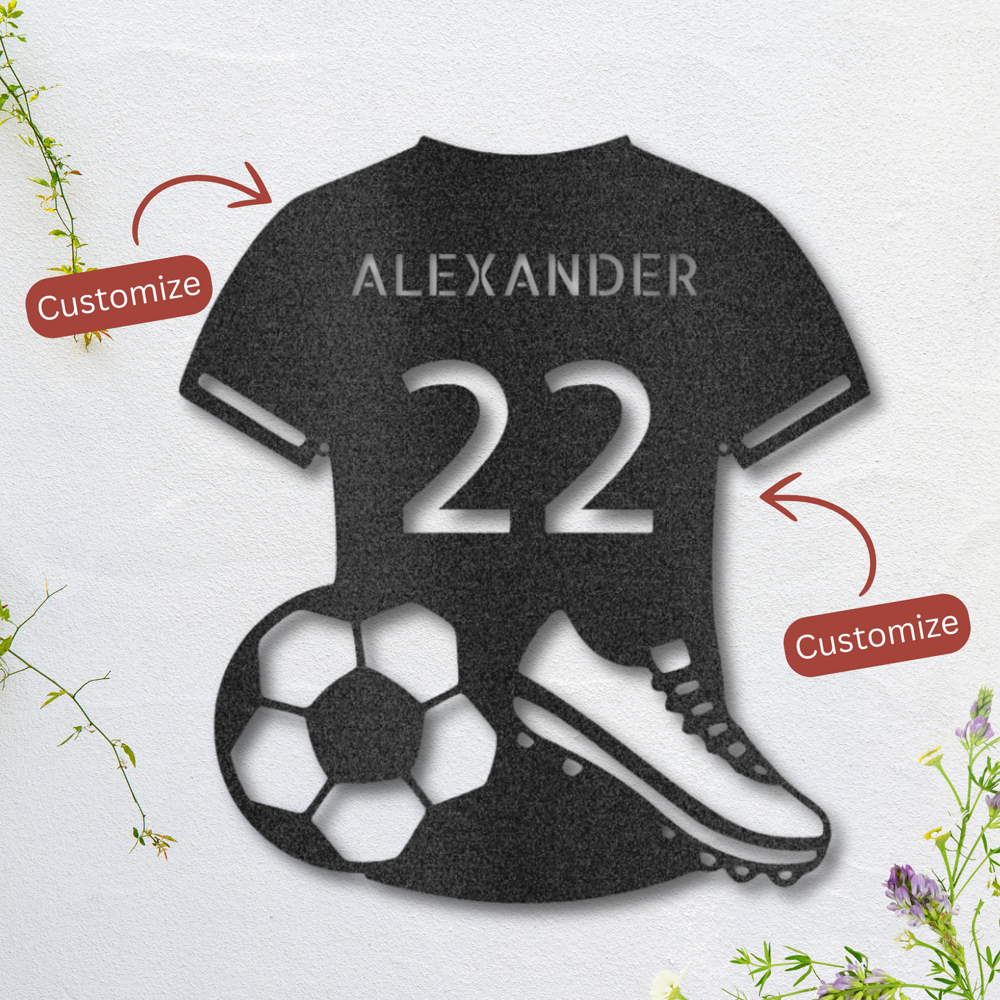 Personalized Soccer Jersey Laser Cut Metal Wall Art - Custom Name and Number